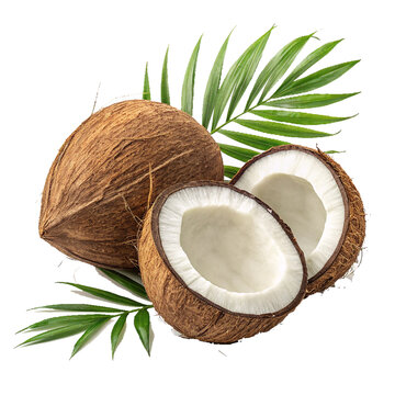 Coconuts, tropical fruit, split coconut, white coconut flesh, whole brown coconut, green palm leaves, isolated on white background