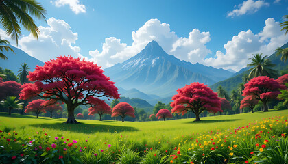 Stunning Landscape with Vibrant Red Trees and Majestic Mountain Backdrop