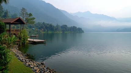 Obraz premium a boat dock on a lake with mountains in the background