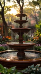 Sunset illuminating tiered fountain in garden.