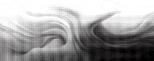 Flowing dots particles wave pattern halftone gradient curve shape isolated on white background.