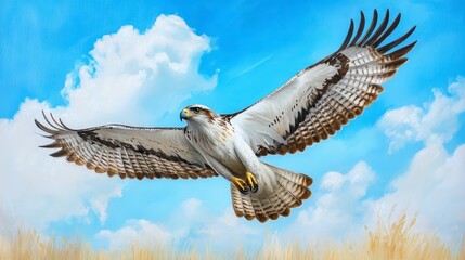 Fototapeta premium Majestic Hawk Soaring Against Bright Sky with Fluffy Clouds