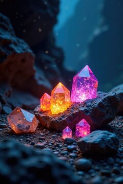 Ancient, mysterious, glowing crystals embedded in rock, natural, crystals
