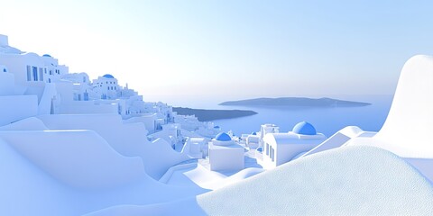 Aegean Sea white village, scenic view, calm ocean, sunny day, travel poster