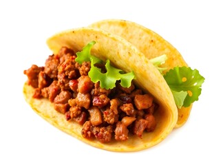 Taco with Seasoned Meat, Lettuce, and Cheese on White Background