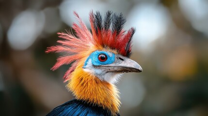Fototapeta premium Vibrant crested guineafowl profile, rainforest bokeh. Wildlife photography for nature documentaries