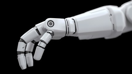 A detailed robotic hand extends gracefully against a dark background, showcasing intricate joints and a modern design, highlighting advancements in robotics.
