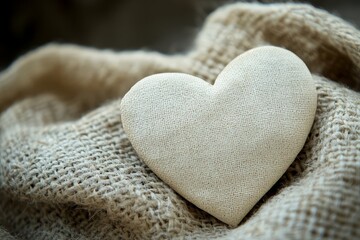 Obraz premium A beige soft fabric heart on textured burlap, evoking warmth, simplicity, and rustic charm. Ideal for cozy or handmade themes.