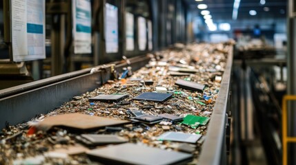 Electronic waste, including circuit boards and mobile phones, moving along a conveyor belt in a recycling facility, emphasizes valuable material recovery and environmental sustainability