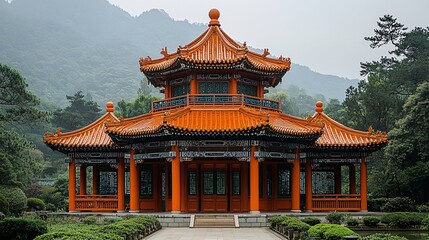 Fototapeta premium Chinese Pavilion, Orange Architecture, Mountain View