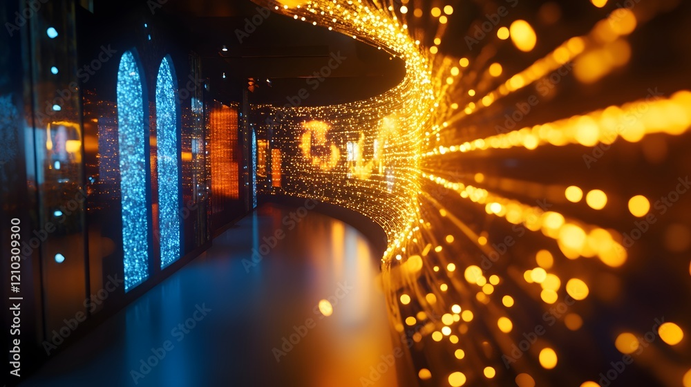 Poster Enchanting Display of Colorful Lights and Dynamic Patterns in an Abstract Space with a Curved Design Creating a Mesmerizing Visual Experience