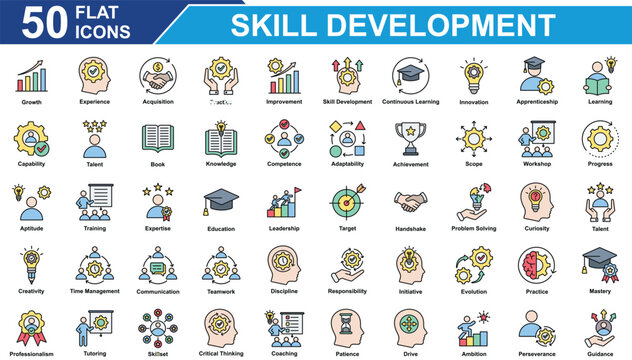 Skill Development Icon Set Collection. Containing Growth, Skill Development, Innovation, Target, Training, Team Work, Problem Solving. Simple Flat Vector Illustration.