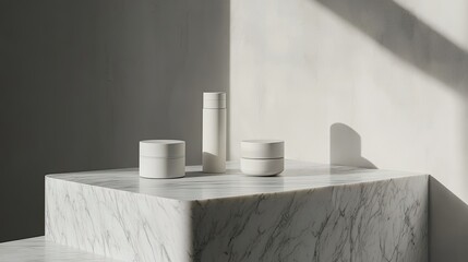 Clean and elegant skincare items placed on a marble surface, emphasizing minimalist design and modern aesthetics.