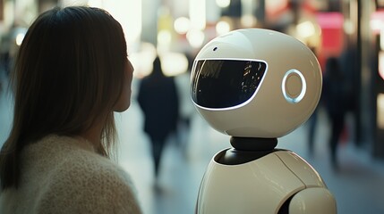 Robotics in everyday life, showing a humanoid robot walking alongside a woman in a modern shopping mall, symbolizing future technology and human-machine interaction.