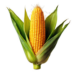 Studio shot of a fresh ear of corn, kernels, husk, isolated on black background.  Perfect for food, agriculture, or healthy eating concepts.
