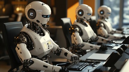 Humanoid robots with glowing blue displays work in a modern office, typing on computers. This image represents automation, AI workforce, and the future of technology in professional environments.
