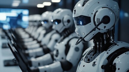 Humanoid robots with glowing blue displays work in a modern office, typing on computers. This image represents automation, AI workforce, and the future of technology in professional environments.