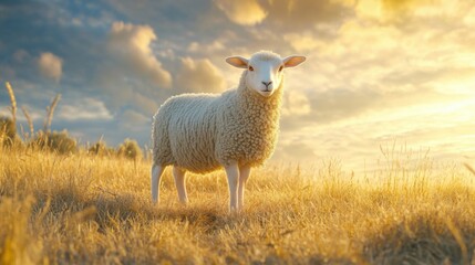 Obraz premium a sheep standing in a field with a cloudy sky
