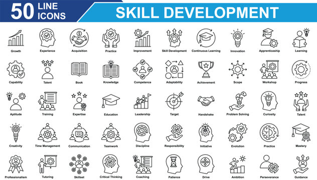 Skill Development Icon Set Collection. Containing Growth, Skill Development, Innovation, Target, Training, Team Work, Problem Solving. Simple Line Vector Illustration.