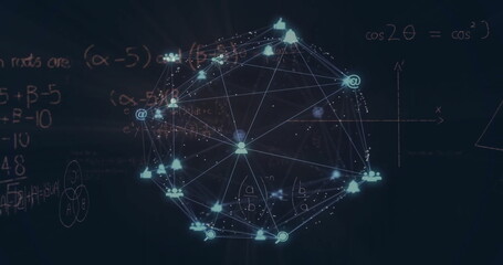 Image of network of connections and data processing over dark background