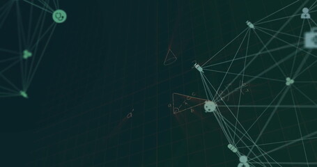 Image of network of connections and data processing over dark background