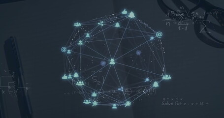 Image of network of connections and data processing over dark background