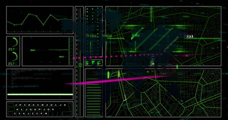 Image of financial data processing over grid on dark background