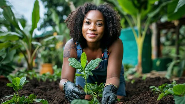 An African-American woman gardening at home and moving plants