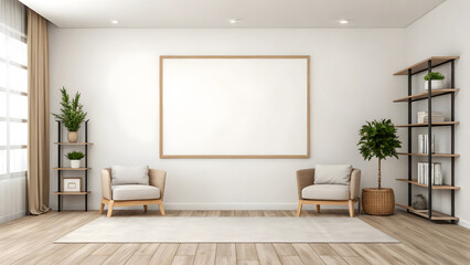 The contemporary living room interior features a comfortable armchair near a stylish sofa against a modern wall