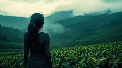 Fototapeta premium A woman stands in a lush tea plantation, surrounded by misty mountains and greenery. This image reflects tranquility, sustainable agriculture, and the natural beauty of tea-growing landscapes.