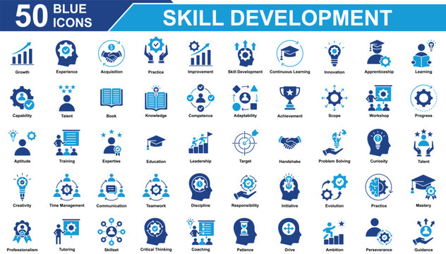 Skill Development Icon Set Collection. Containing Growth, Skill Development, Innovation, Target, Training, Team Work, Problem Solving. Simple Blue Vector Illustration.