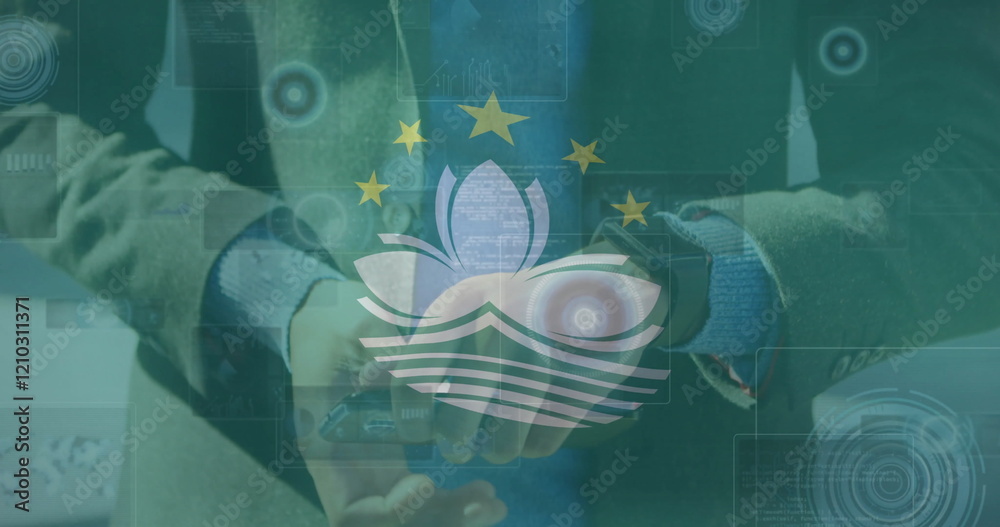 Poster image of flag of macau over processing data and biracial man using smartwatch and smartphone