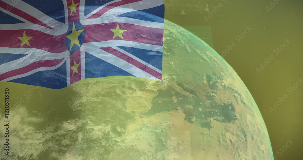 Poster image of flag of niue, interface screens and data processing over globe in space