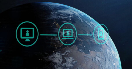 Image of icons and financial data processing over globe
