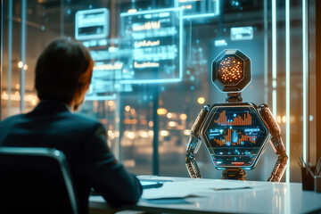 Businessman in modern office workspace meeting with agentic AI colleague, project discussion, investment decision, complex analytics data reasoning market research trend and competitor analysis.