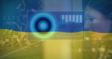 Image of flag of ukraine and data processing on interface screens over servers