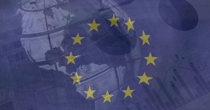 Image of flag of european union over globe and charts processing data