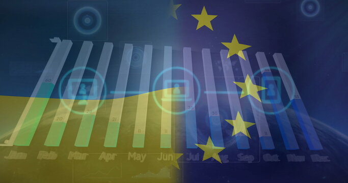 Image of flags of ukraine and eu over network of media icons and charts processing data - Powered by Adobe