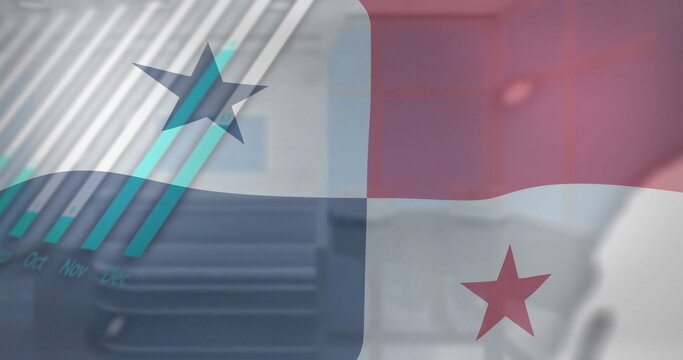 Image of flag of panama over globe and charts processing data - Powered by Adobe