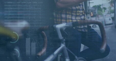 Image of financial data processing over caucasian man