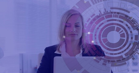 Image of scope and data processing over caucasian businesswoman using laptop