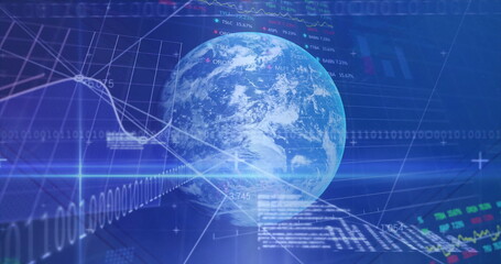 Image of financial data processing and globe over blue background