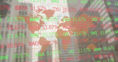 Image of financial data processing over world map and cityscape