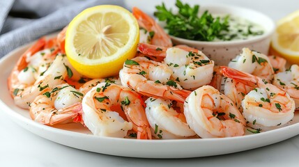 Delicious shrimp dish garnished with lemon and herbs, perfect for seafood lovers.