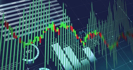 Image of financial data processing over blue background