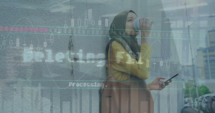 Image of financial data processing over biracial woman using smartphone