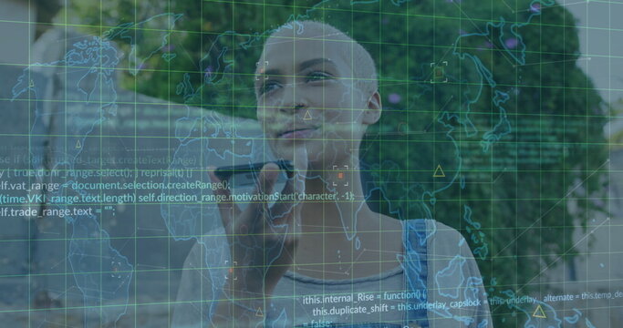 Image of financial data processing over biracial woman using smartphone