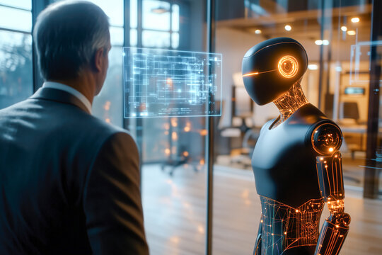 Businessman and advanced robotic agentic AI intelligent machine, innovation future work environment, collaborating, colleagues, digital problem solving, office space, technological vision
