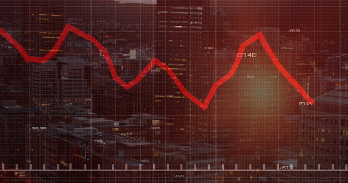 Image of red line and financial data processing over dark background