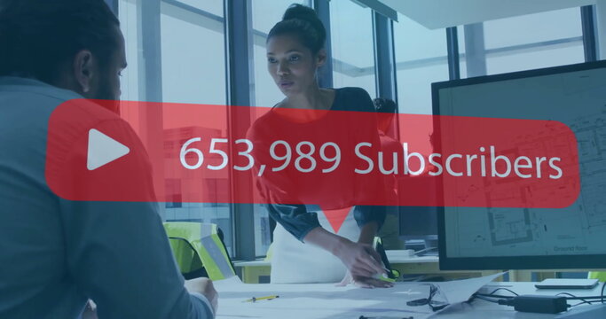 Image of social media data processing over diverse business people in office